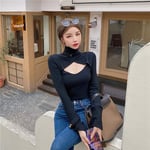 Ladies' Bottoming Shirt Cotton Autumn Slim High Neck Hollow Out Bottoming Top Womens Tops Suitable For Various Scenes-Black