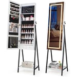 Armoire à Bijoux avec Miroir led 3 Couleurs, Miroir Bijoux sur Pieds avec Porte Verrouillable, 2 Tiroirs, Étagère Ouverte, Meuble Bijoux pour Chambre