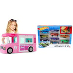 Barbie 3-in-1 Dream Camper, Fully-Furnished Dreamcamper Transformable into Truck, Boat & Hot Wheels Toy Cars & Trucks in 1:64 Scale, Set of 10, Multipack of Die-Cast Race or Police Cars