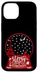 Coque pour iPhone 14 Joyeux Noël Paris horizon dans la boule à neige scintille