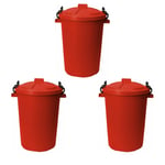 3 x 50L Bin Heavy Duty Locking Lid Red Waste Rubbish Feed Storage Garden Dustbin