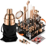 KINGROW Mixology Cocktail Shaker Set - Complete 29-Piece Bartender Kit and Bar Tools with Acrylic Rotating Stand, Professional Bar Set for Drink Mixing, Home, Bar, Party (Gold Rose)