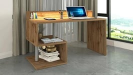 Dmora - Bureau Alain, Bureau linéaire avec étagères de Rangement avec Lampes LED, Bureau Polyvalent avec Plateau, 140x60h93 cm, Chêne