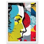 Artery8 Modern Abstract Woman Face in Profile Comic Book Style Red Yellow Geometric Halftone Artwork Framed A3 Wall Art Print