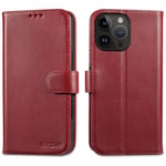 LENSUN Coque pour iPhone 16 Pro Max, Étui Cuir Véritable Housse [RFID Blocage] Portefeuille avec Rangements Cartes et Fermeture Magnétique pour Apple iPhone 16 Pro Max - Vin Rouge