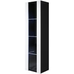 Vitrine murale 1 porte avec LED Meuble de Rangement suspendu 40x165x29cm 4 compartiments Modèle Luke V5 Noir et Blanc Finition brillante