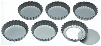 KitchenCraft Set of 6 Stainless Steel Loose Base Tart Tins with Fluted Side