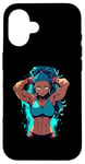 Coque pour iPhone 16 Blue Hair Dark Skin Fitness Modèle Posant Illustration