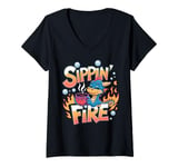 Womens Sippin’ Fire Cute Dragon Tea Lover V-Neck T-Shirt