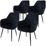 Lot de 4 Chaises de Salle à Manger Cuisine Salon Séjour - Noir - Assise Siège Rembourrée en Velours Structure en Métal Fauteuil Rétro avec Accoudoirs