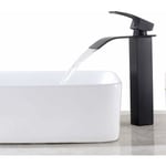 Robinet Lavabo Cascade Noir, Haut Mitigeur Vasque à Poser Salle de Bain, Robinetterie Grand Bec Carré en Laiton, Eau Chaude et Froide Disponible,