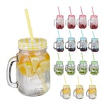 Relaxdays 16x Drinking Jars, 500ml Each, Dishwasher Safe, incl. Lids & Straws in 4 Colours, Vintage Glasses, Transparent, 19 x 11 x 8 cm