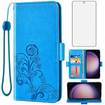 Asuwish Compatible with Samsung Galaxy S23 5G Wallet Case and Tempered Glass Screen Protector Flip Purse Accessories TPU Wrist Strap Credit Card Holder Cell Phone Cover for S 23 23S G5 Women Men Blue