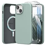 SURPHY Faux Leather Case for iPhone 15 Case with Screen Protector, Premium PU Leather Compatible with MagSafe [Metallic Buttons & Microfiber Lining] Cover for iPhone 15 6.1 inch, Mint Green