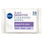 NIVEA 3in1 Sensitive Cleansing Wipes (25 Wipes), Plant-Based Makeup Remover Wipes, Face Wipes for Sensitive Skin, Gentle yet Effective Makeup Removal (Pack of 2)