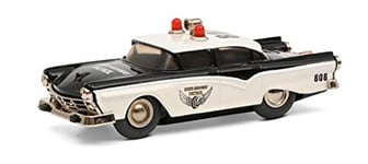 Schuco 450176000 Patrol Micro Racer Fairlane Police, 1045/1, Model car with Rotating Lights and Speakers on roof, die-cast with Wind-up Motor, Black/White, Closed Box with Sliding Cover