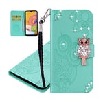 IMEIKONST Compatible with iPhone 15 Plus Case, Owl Embossed Glitter Sparkly Gems PU Leather Wallet Flip Stand Magnetic Silicone Bumper Folio Cover for iPhone 15 Plus. Owl Green YK