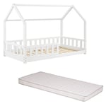 Ensemble Lit Cabane Oasis Blanc 90x190 cm + Matelas Enfant 90x190 Cm Laïba Kids