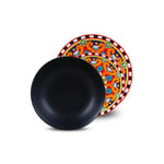 Service d'assiettes 18 pièces en porcelaine noire et motifs multicolores – Assiettes résistantes aux rayures et lavables au lave-vaisselle – Set idéal pour dîners et occasions élégantes et spéciales –