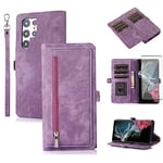 Asuwish Phone Case for Samsung Galaxy S22 Ultra 5G Wallet Cover With Tempered Glass Screen Protector and Crossbody Flip Zipper Card Holder Stand Cell S22ultra 22S S 22 S22ultra5g 6.8 Women Men Purple