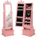 2 en 1 Armoire à Bijoux Enfants avec Miroir, Organisateur à Bijoux en Forme Couronne avec 3 Tiroirs, 2 Angles d'Inclinaison(90°/94°), Charge 10kg,