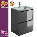 Newbold Dark Grey Gloss Bathroom Floor Vanity Unit White Glass Basin 60cm