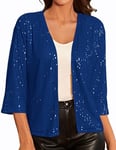 Gilet Femme Court Boléro Femme Veste Cardigan Bouton Manches Longue à Sequins Classsique pour Robe Soirée Vintage Bleu Brillant à Paillettes M