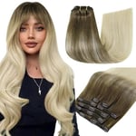 RUNATURE Extension a Clip Cheveux Naturel Ombre Blond Extension Cheveux a Clip Balayage Blond Platine à Brun Clair Extension Clip Cheveux Naturel Lisse 16 Pouces/40cm 7pcs/120g #BA8/60