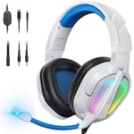 Krysenix PG2 Casque Gaming pour PS4/PS5/PC/Xbox One/Switch, Casque PS5 avec Microphone stéréo AI, Casque Gamer avec Prise 3.5mm et lumière RVB, Blanc/Bleu