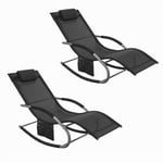 Lot de 2 Fauteuils à Bascule Noir - Transats de Jardin - Repose-Pieds - Pochette Latérale - Bains de Soleil