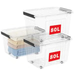 Cetomo 80L*3 Boîtes de Rangement avec Couvercles, Boîte de Rangement en Plastique avec Clips et Roulettes, Empilables, Encastrables, pour Placard de Bureau à Domicile, Transparent, 80L, Lot de 3