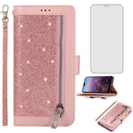 Asuwish Compatible with Huawei P20 Lite Wallet Case and Tempered Glass Screen Protector Glitter Leather Flip Cover Zipper Card Holder Cell Phone Cases for Huwai P20lite P 20 Haweii Nova 3E Rose Gold