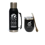 GAUCHO CEBAR Accessoires pour Yerba Mate-Tea Set | Bouteille isotherme en acier inoxydable 1 L noir et acier inoxydable 350 ml | Paille Bombilla Liza 19 cm, passe au lave-vaisselle et durable