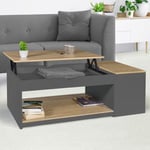 Table basse plateau relevable rectangulaire ELEA avec coffre bois gris et façon hêtre