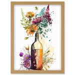 Spring Wildflower Bouquet in a Glass Wine Bottle Artwork Framed Wall Art Print A4