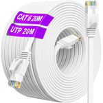 Câble Ethernet 20m, Cat 6 Câble Réseau 20m Plat, Cable RJ45 20m Blanc Gigabit 10/100/1000Mbit/s Cable Internet Haut Débit Patch Câble LAN, pour Routeur/Switch,Plus Rapide Que Les Cat5e/Cat5(20 Clips)