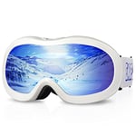 EXP VISION Masque de Ski pour Enfant 2 à 14 Ans Lunette Ski Masque Ski OTG de Garçon ou Fille Anti-UV Antibuée Compatible avec Casque Lunettes de Neige (monture blanche/verres bleus)