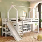 Lit enfant, lit simple, 90200 cm, lit enfant multifonctionnel, avec toboggan & escalier & casier & étagère, sans matelas, bois massif + mdf, blanc