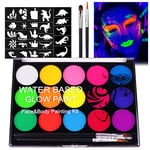 URAQT Face Paint Kit, 15 Color Neon Ultraviolet Glow Face Painting Palette with 2 Brushes 40 Stencils, Face Paints Safe Body Painting for Adults Kids Party Carnival, Makeup Paint Non - Toxic to Use…