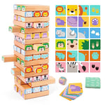 Nene Toys Jeu d’Empilage de Blocs – Jeu de société Familial 4 en 1 Tour infernale avec Blocs de Construction, Cartes et dé – Jouet éducatif en Bois sur Les Animaux pour Enfants de 3 à 9 Ans