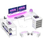 ODK Bureau avec Tiroirs, Bureau d'angle Réversible avec Multiprise, Bureau Gaming avec LED et Support pour Moniteur pour Bureau à Domicile, 167×102 cm, Blanc Pur