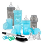 Twistshake Newborn Anti-Colic Baby Bottle Set with Milk Powder Container and Mixer - 9 Piece | 4 x Milk Bottles - 2 x Pacifier - 2 x Teat - 1 x Bottle Brush | BPA- Free Baby Milk Bottle | Blue Grey