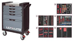 KS Tools 816.5283 - Servante d'atelier 5 tiroirs - Gamme ULTIMATE® - Système de fermeture centralisé par serrure - 4 roues robustes - Equipée de 283 outils - Couleur Grise et Noire