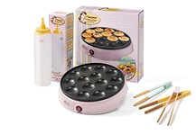 Bestron Poffertjesmaker Kit économique avec bouteille à pâte et 3 pinces de service, idéal pour Noël, Pâques ou anniversaires d'enfants, design rétro, 800 W, couleur : rose/jaune