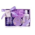 Accentra-Set cadeau de douche pour femmes LAVANDE dans une belle boîte cadeau-Set de 4 pièces gel douche,lotion,beurre pour le corps et éponge filet-cadeau pour la Saint-Valentin&la Fête des mères