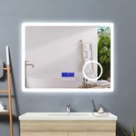 Acezanble miroir salle de bain 80x60cm + 2couleurs LED réglables + antibuée + Panneau LCD (Tactile, Haut-Parleur Bluetooth, Horloge, Date,