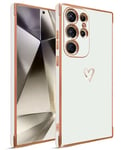 HZLFCZL Coque Samsung Galaxy S24 Ultra Mignon Plaqué Or Edge Antichoc Protection complète de l'objectif de l'appareil Photo Luxe en Forme de cœur Slim Soft TPU Phone Case for Samsung S24 Ultra-Blanc