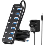 USB 3.0 Hub Powered, VKUSRA Aluminum 7 USB Port SuperSpeed USB Data Hub with 5V3A Power Adapter and Individual On/Off Switch for Surface Pro, Windows, PC Laptop, Desktop, NoteBook and More