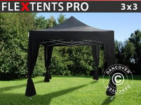 Quick-up telt FleXtents PRO 3x3m Svart, inkl. 4 dekorative gardiner