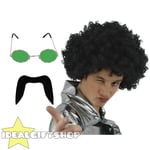 70's Man Set Black Afro Wig Moustache Green Glasses Disco Fancy Dress 1970's